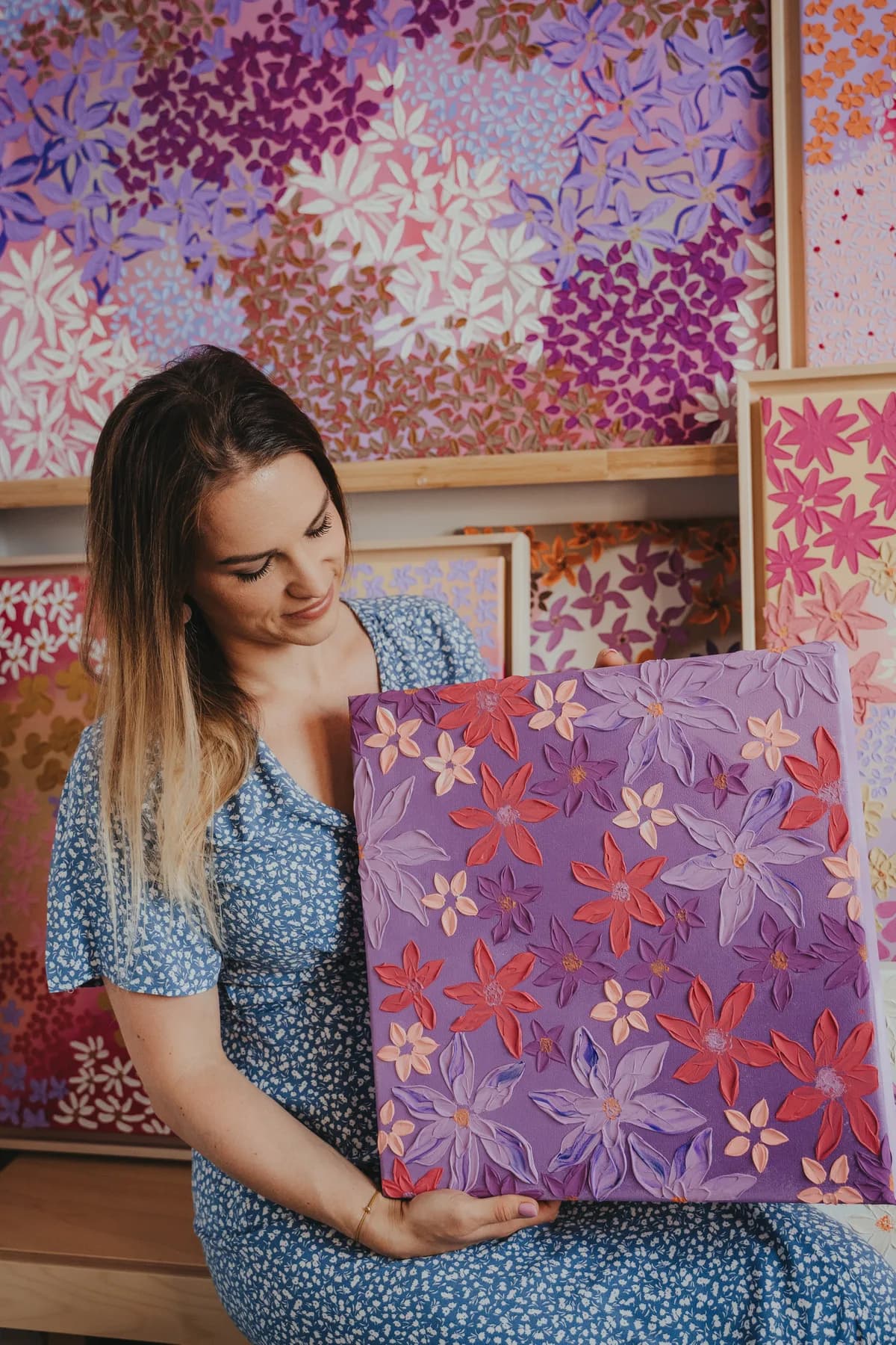 Purple Beauties original painting series with violet, plum, and mineral shadow.