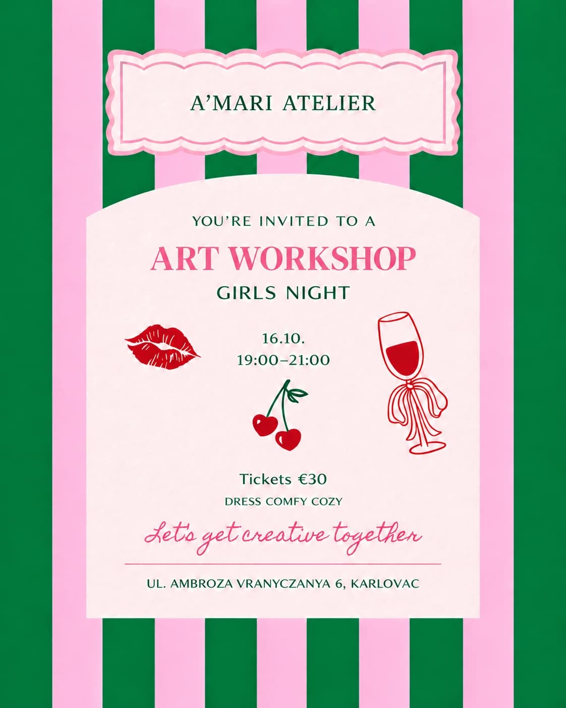 Pozivnica za Girls Night art radionicu u Atelier A’mari: 16.10.2026., 19:00–21:00, 30 €, Ul. Ambroza Vranyczanya 6, Karlovac